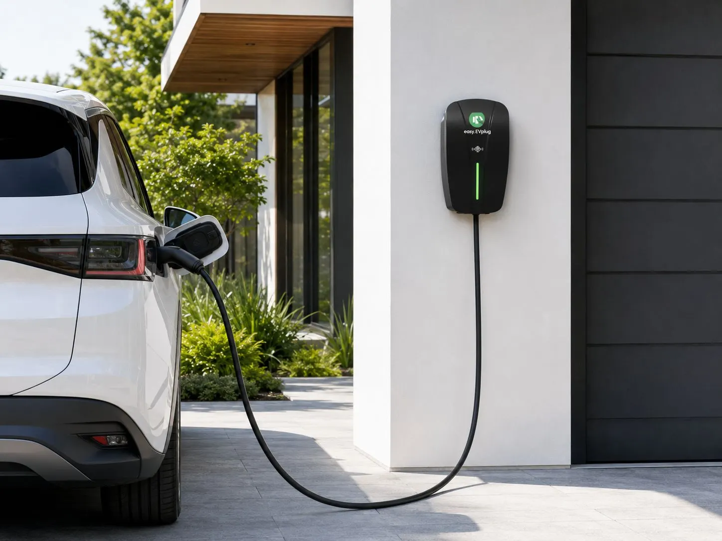 EV charging on a home driveway at dusk