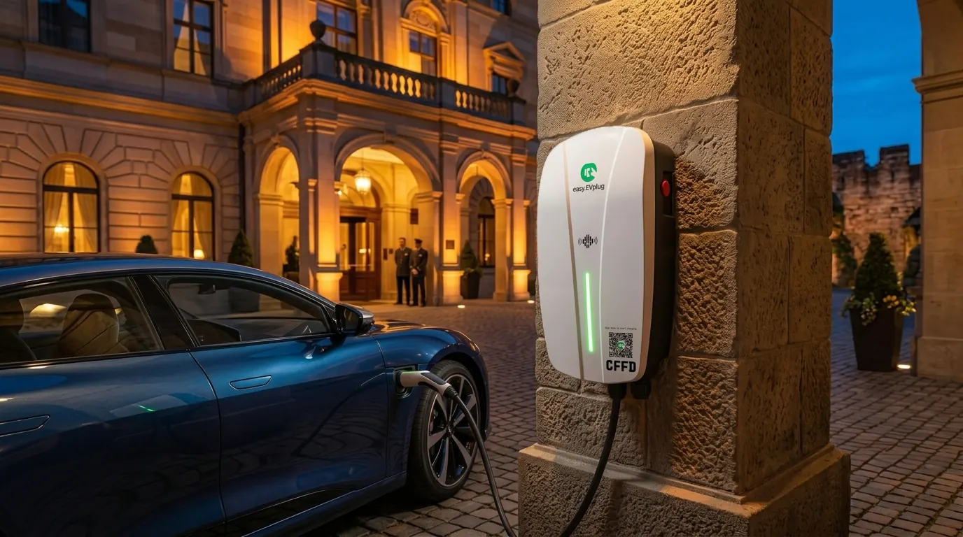A guest's EV charging on an easy.EVplug wallbox at a hotel entrance in the evening