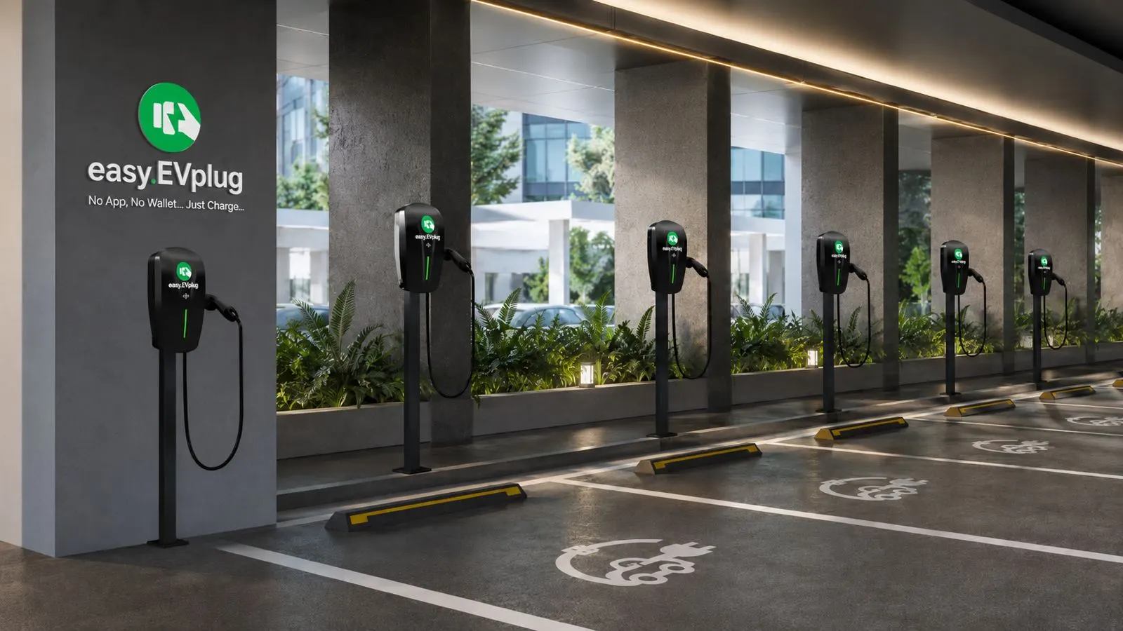 Row of pedestal-mounted commercial chargers