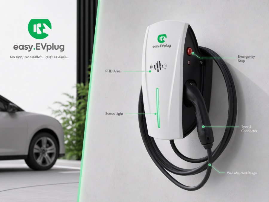 easy.EVplug 7.4 kW AC wallbox charger with RFID, status light, emergency stop, Type 2 connector, wall-mounted design